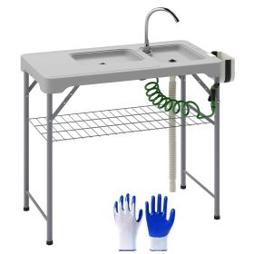Folding Fish Cleaning Table with Sinks, Portable Camping Sink Table with Faucet, Drainage Hose, Sprayer, Shelf, Drawer and Storage Basket (Color: Gray)