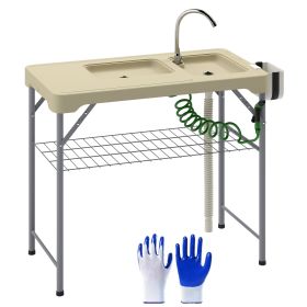 Folding Fish Cleaning Table with Sinks, Portable Camping Sink Table with Faucet, Drainage Hose, Sprayer, Shelf, Drawer and Storage Basket (Color: Tan)